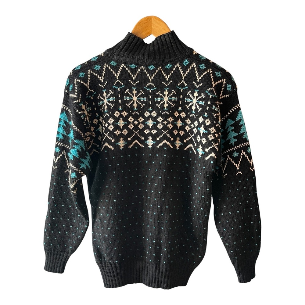 VTG Summit County Black Fair Isle Snowflake Wool Blend Mock Neck Sweater Small - Picture 3 of 4